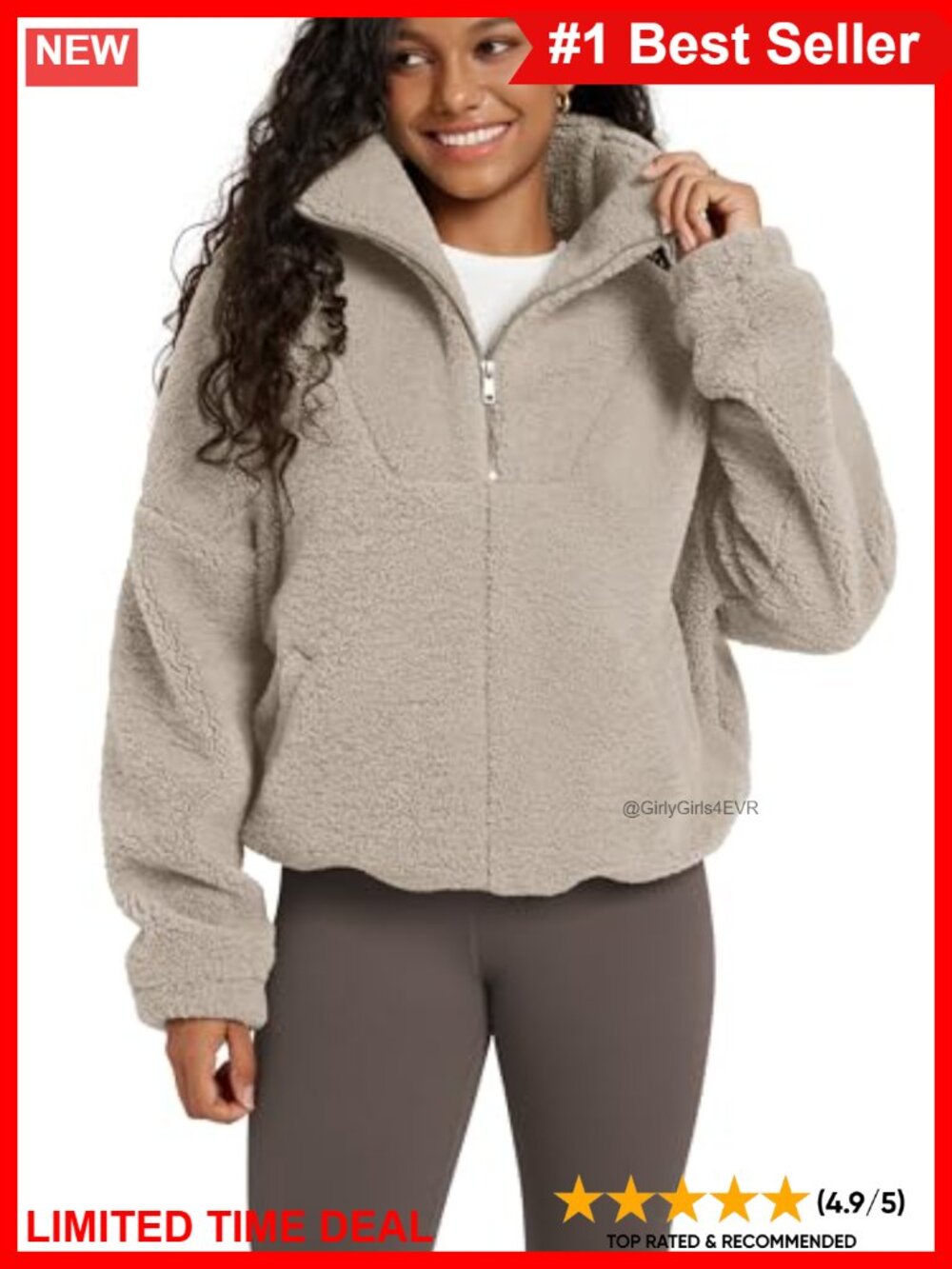 Sherpa Fleece Half-Zip Pullover Sweatshirt Funnel Neck Cinchable Hem Pockets